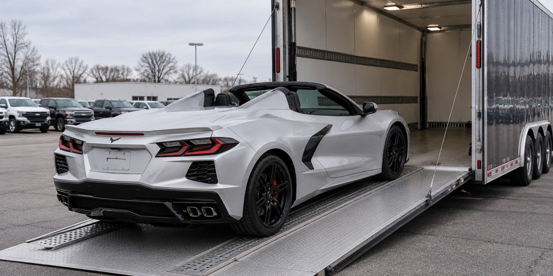 Silver Chevrolet Corvette aligned straight on the ramp of an enclosed auto transport trailer