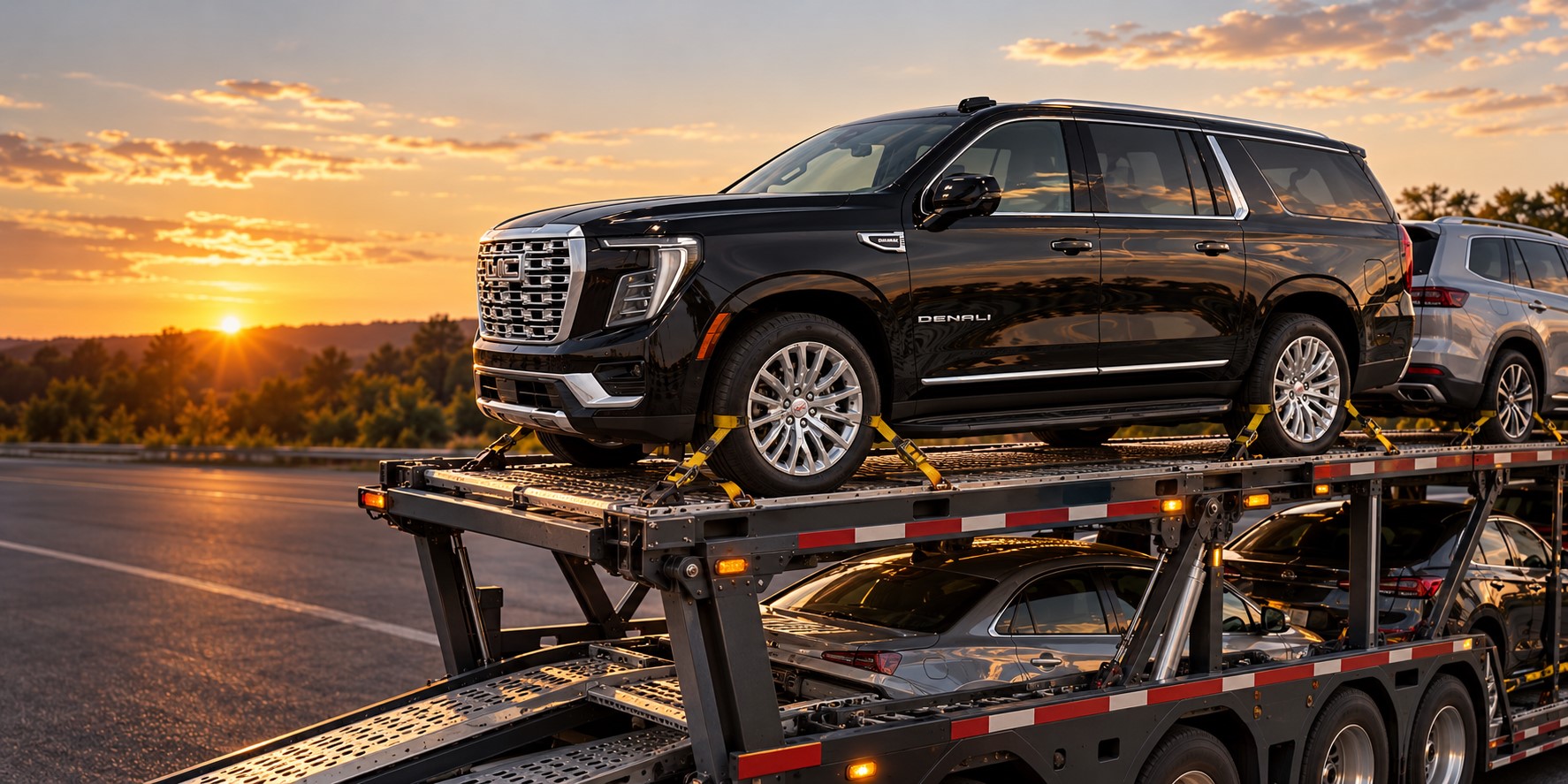 Black GMC Yukon XL secured on an open auto transport carrier